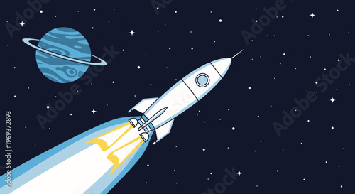 Retro rocket blasting off into starry galaxy with ringed planet