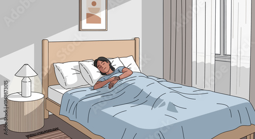 Woman Sleeping Peacefully in Sunlit Bedroom, Morning Light, Cozy Bed