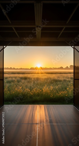 Sunrise over a misty meadow viewed from inside a wooden structure casting long shadows on the floor