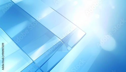 Abstract 3D light blue background with soft flowing waves and transparent glass panels