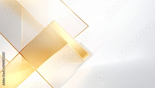 Abstract 3D yellow glass panels background with bright lens flare and minimalist white aesthetic