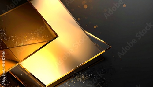 Luxury abstract 3D golden plates background with sparkling glitter and dark elegant aesthetic