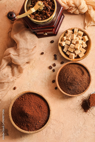 Wooden bowls with coffee po...