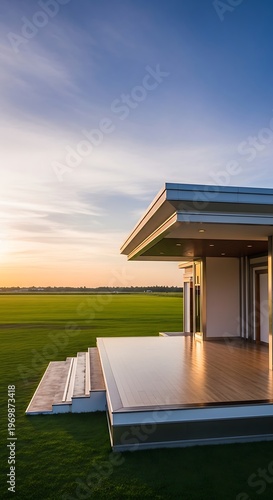 Modern house with wooden deck and steps overlooking a vast green field at sunset with a clear blue sky