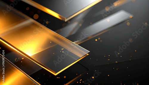 Luxury abstract 3D golden plates background with sparkling glitter and dark elegant aesthetic