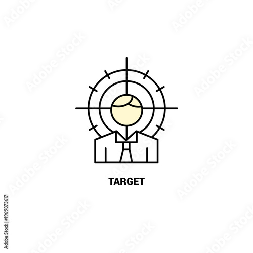 Minimalist vector illustration of a businessman in crosshairs for target audience identification recruitment strategy and niche marketing goal symbol
