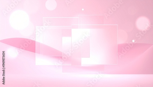 Abstract 3D pink glass panels background with soft bokeh lights and minimalist feminine aesthetic