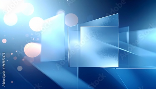 Abstract 3D blue glass panels background with soft bokeh lights and futuristic technology concept