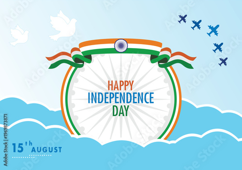 Happy Independence Day Vector Template with Sky Background, Patriotic Celebration Layout Design. Highlights the spirit of freedom and national pride using tricolor elements inspired by the Indian flag
