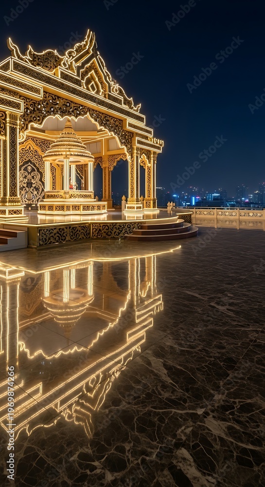 Fototapeta premium Ornate golden pavilion illuminated with warm lights at night reflecting on wet marble floor with city skyline in background