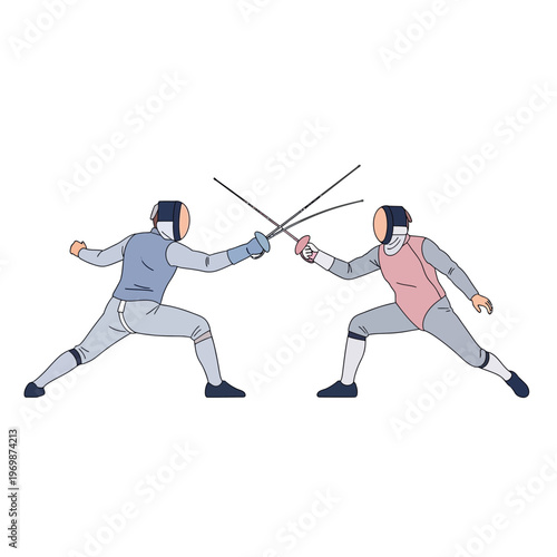 Two Fencers in Protective Gear Sparring with Swords on White Background