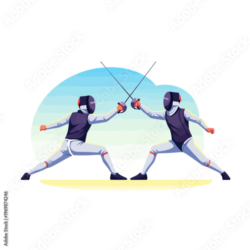 Two fencers in protective gear dueling with swords on a bright background