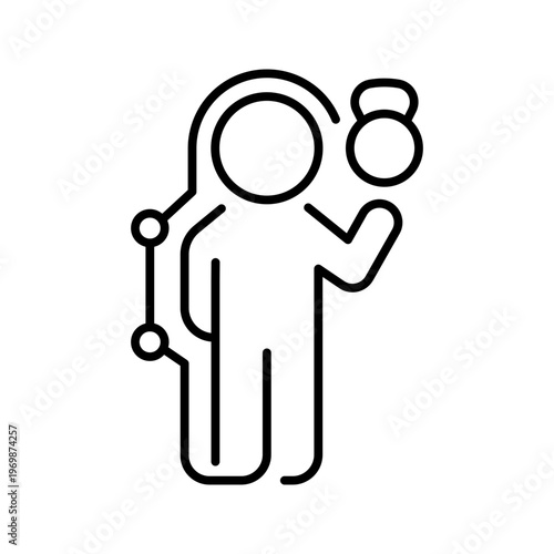 Exoskeleton suit icon. Healthcare and assistive device line symbol. Black and white.