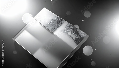 Abstract 3D floating silver glass panels background with warm bokeh lights and dark elegant aesthetic
