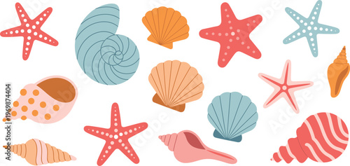 Seashell and starfish icons set, colorful marine elements for beach summer decoration design