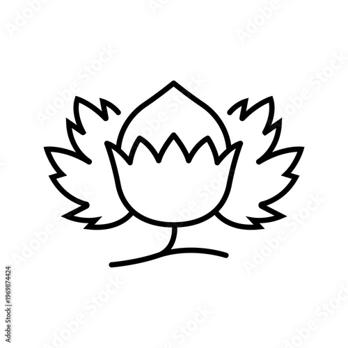Hazelnut husk icon. Food and tree nuts line symbol. Black and white.