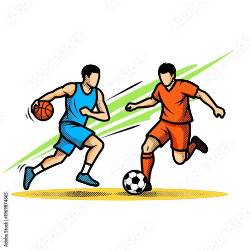 Basketball Player vs Soccer Player Illustration, Sports Competition Concept