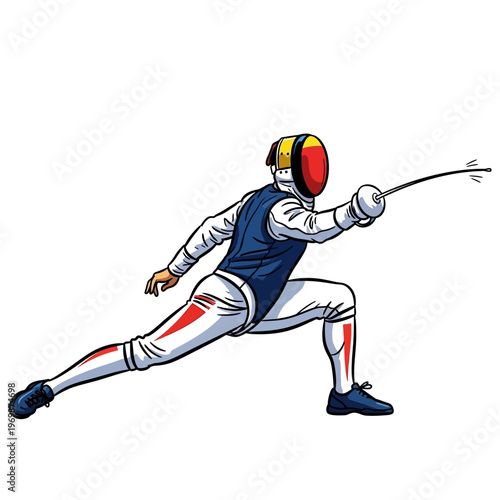 Fencer in action pose, wearing protective gear and holding foil sword, white background