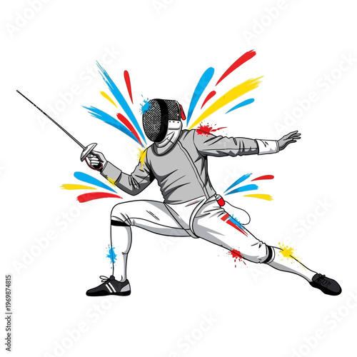 Fencer in action, dynamic pose with colorful paint splashes, white background