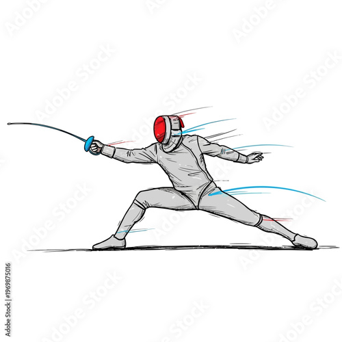 Fencer in action, dynamic pose, sword thrust, competitive sport illustration