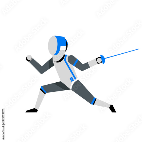 Fencer in action, fencing sport, athletic competition, white and blue uniform, sword, white background
