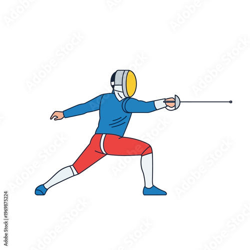 Fencer in action, lunging forward with sword, competitive sport, vector illustration