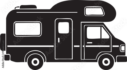 Recreational Vehicle Camper Van Vector Silhouette, RV for Road Trip