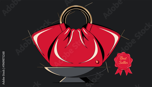 Elegant red leather designer handbag with gold circular handles and best seller seal on a dark background..eps