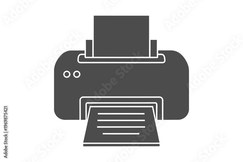 Modern office printer with paper tray extended, ready for printing documents, black and white illustration on a transparent background
