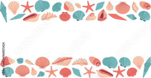 Seashell border set, colorful marine shell and starfish elements for beach summer design