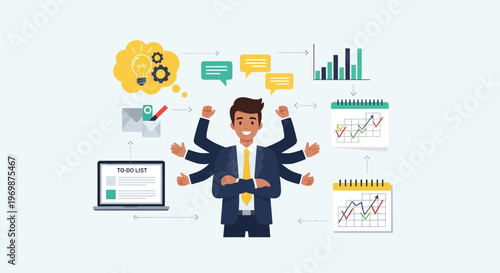 Multitasking Businessman with Many Arms, Productivity, Planning, and Ideas