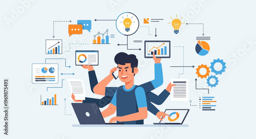 Multitasking businessman with many hands working on laptop and phone