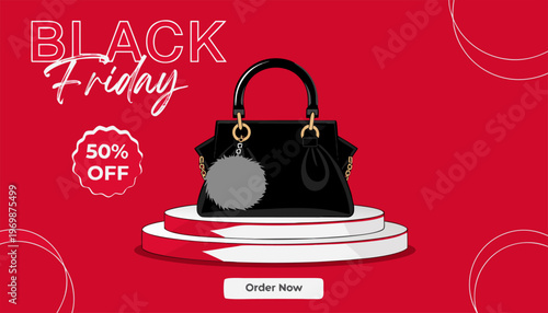 Black Friday Sale Banner with Elegant Woman Handbag on Podium and 50 Percent Off Badge.eps