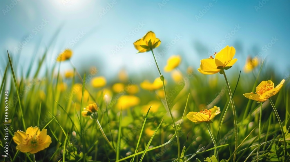 Fototapeta premium Vibrant yellow flowers under sunlight.