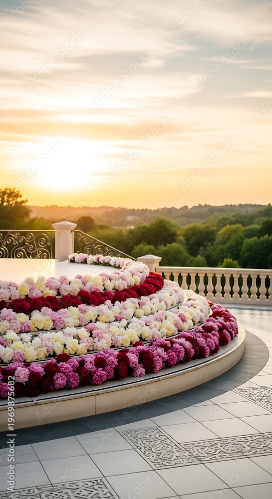 Obraz premium Elegant floral arrangement with vibrant pink red and white flowers on a terrace at sunset with a scenic landscape background