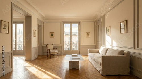 Elegant bright living room with classic decor and sunlight streaming through large windows