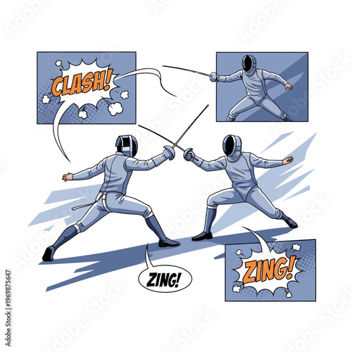 Fencers in Action: Comic Style Duel with Swords and Sound Effects