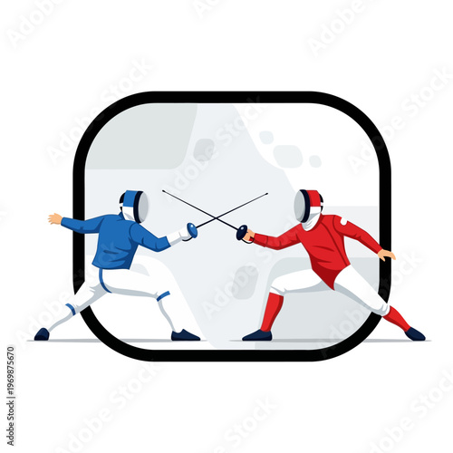Fencers in Action: Dynamic Duel with Swords, Sport Competition Illustration