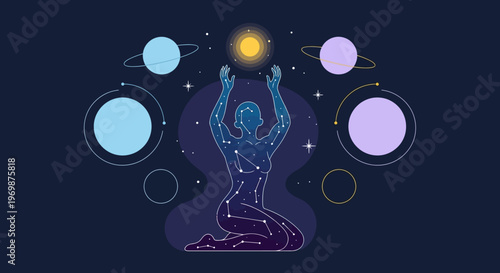 Cosmic Being Praying to Celestial Bodies and Planets in Space