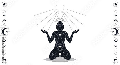 Cosmic Woman Meditating Under Sun Rays, Celestial Body Art, Spiritual Enlightenment
