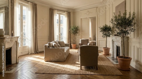 Elegant and spacious living room with classic architectural details and natural light