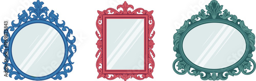 Vintage ornate mirrors set, decorative frames with reflective glass elegant baroque style design