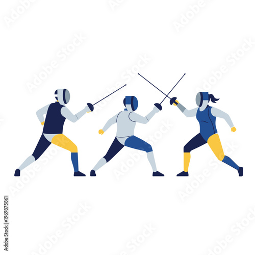 Fencers in action, three people fencing duel, sport illustration, white background