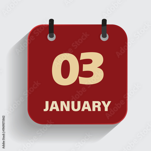 january third date calendar icon with red theme and long shadow effect for digital organizer