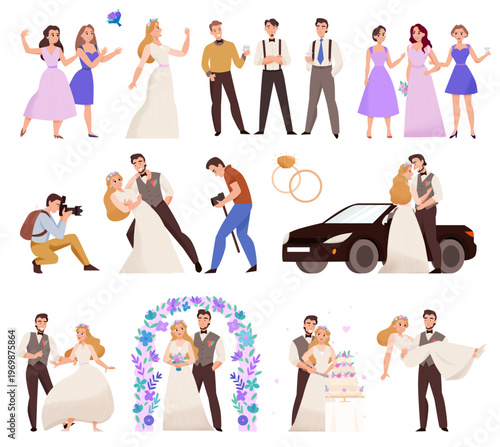 Wedding Scene Collection with Bride Groom Guests Ceremony and Celebration Cartoon Vector Illustration
Wedding Scene Set Vector
Cartoon Wedding Collection Vector