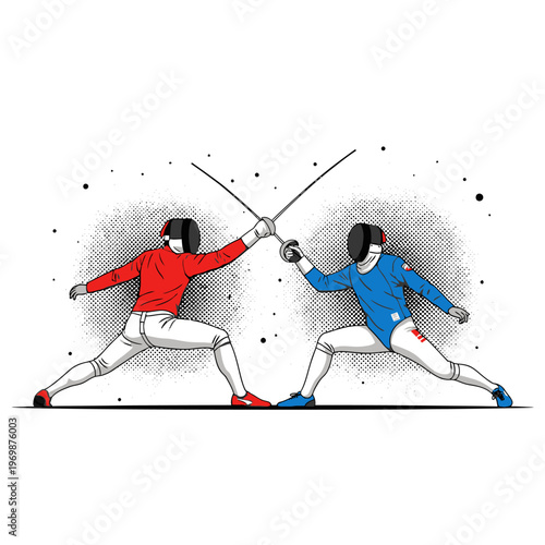Fencers in action, clashing swords in a duel, sporting competition, illustration