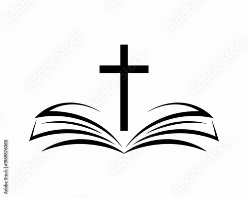 A cross stands above an open bible in a minimalist design. The simple black and white theme conveys a solemn religious theme.