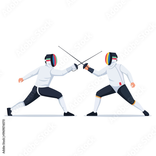 Fencers in colorful masks dueling with swords on white background, sport illustration