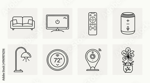Smart home living room icons showing sofa, TV, remote, speaker, lamp, thermostat, camera, plant.