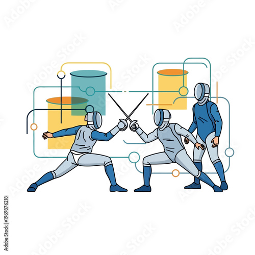 Fencers in duel, fencing sport, athletes with swords, competition, abstract background